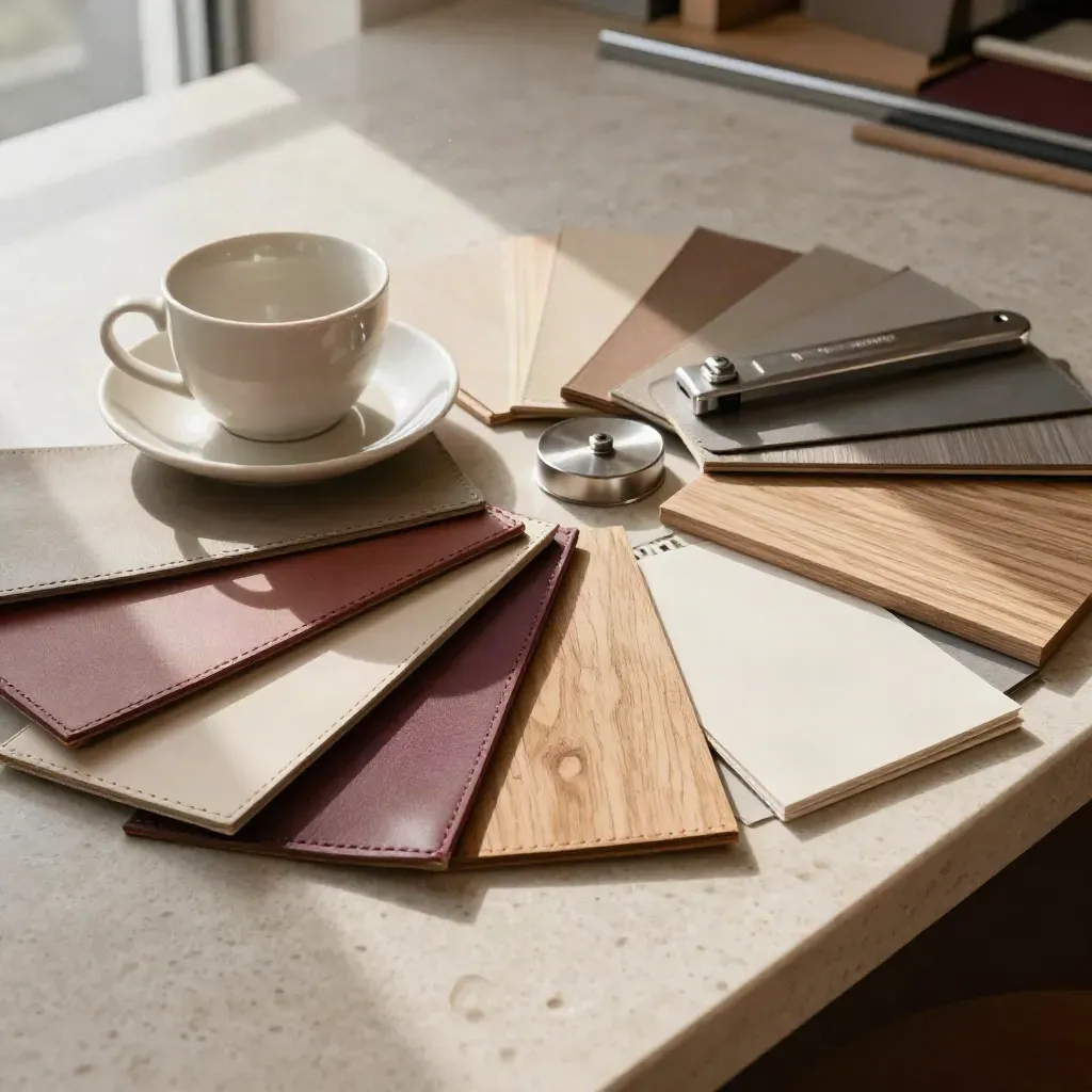 Campionari di pelle, ceramica, legno e metallo su banco d'atelier, luce morbida e polvere sospesa.