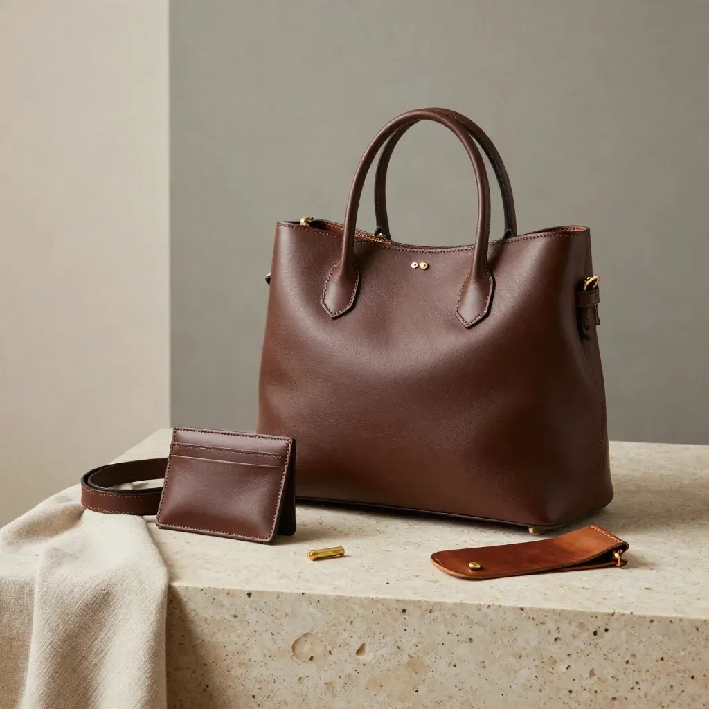Borsa Siena in pelle cacao su travertino con accessori in ottone e sfondo verde salvia