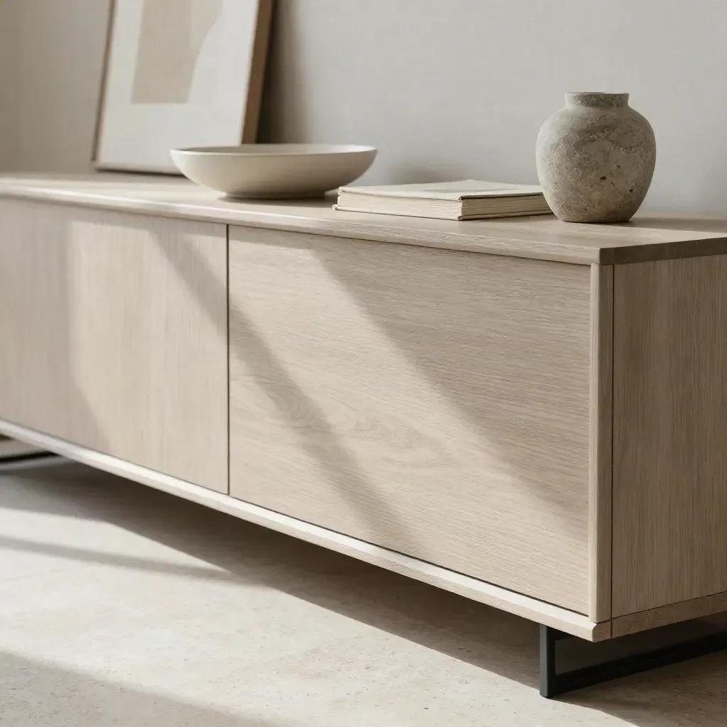 Credenza chiara con vasi e libro su travertino, in uno showroom luminoso e raffinato.