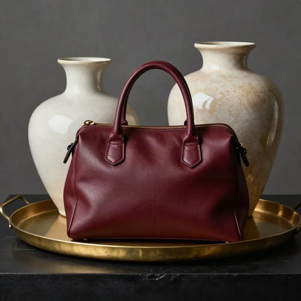 Tre oggetti di lusso artigianali: borsa in pelle, vaso ceramico e vassoio in ottone.