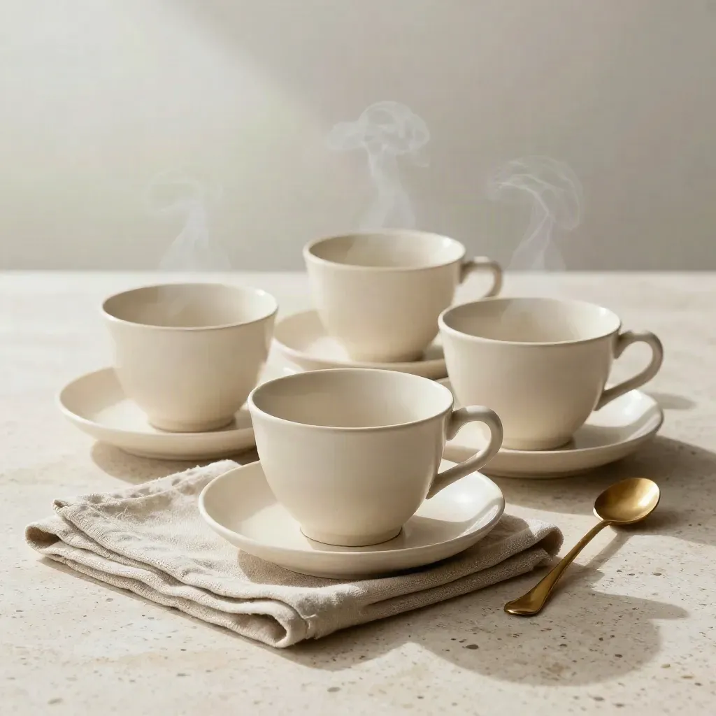Quattro tazze in ceramica crema con piattini e panno neutro, vapore leggero su sfondo chiaro.