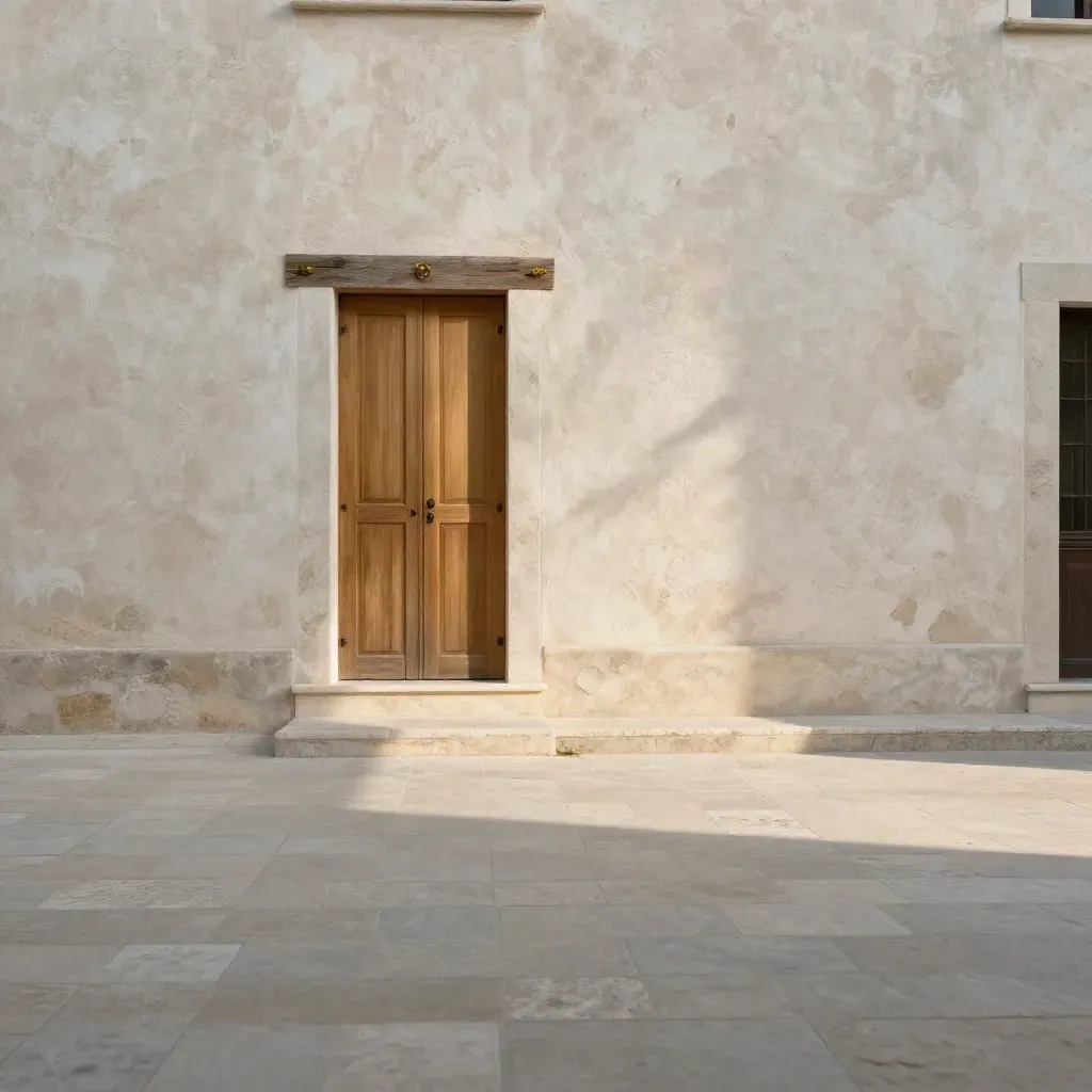 Cortile in pietra chiara con parete a calce e legno, luce dorata e spazio vuoto in basso.