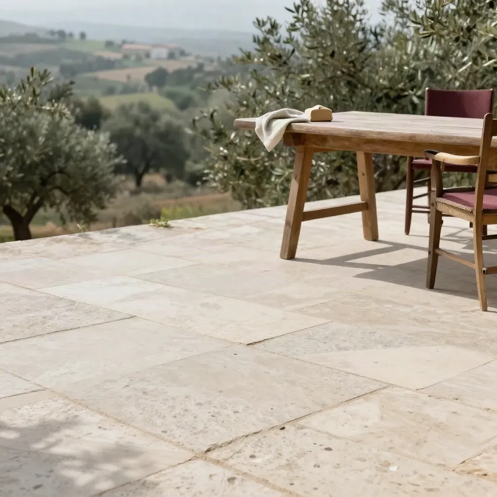 Terrazza in pietra con ulivi sfocati e un angolo di restauro del legno in alto.
